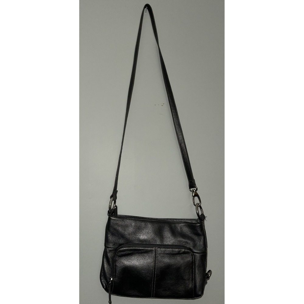Tignanello Genuine Leather Shoulder Crossbody Purse ‎ Handbag Dark Gray Metallic